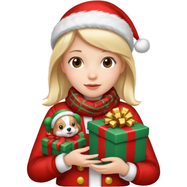 a girl wearing a chirstmas jacket and scarf and holding a christmas gift emoji
