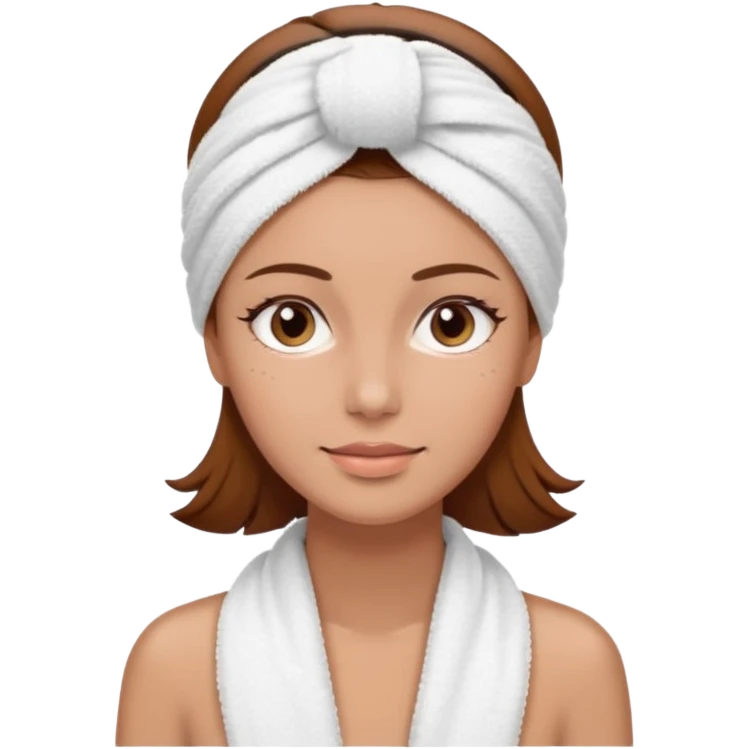 rosto de uma mulher com uma faixa de toalha no cabelo de cor todo castanho como se estivesse no spa, sem o pescoço, somente o rosto emoji