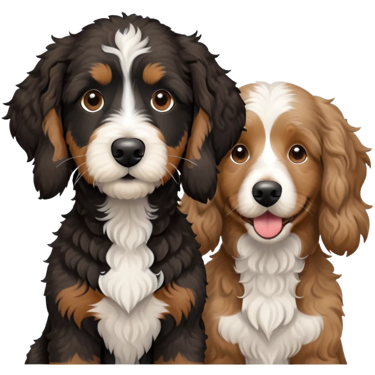 2 dogs, one is a light brown Aussie doodle. the other is a All black Berenedoodle with white eyebrows . Make both same size emoji