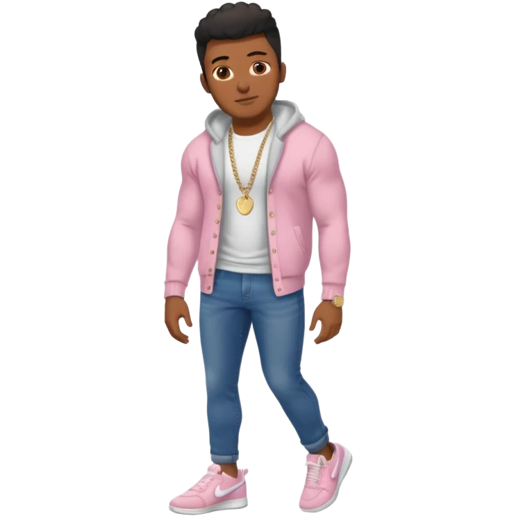 Handsome Black guy with brown skin tone, with muscular build, wearing dark denim jeans, a white t-shirt, pink and gray fuzzy cardigan, white Nike sneakers, a gold watch, and a dainty chain emoji