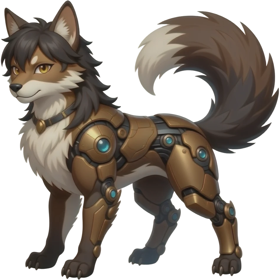 Brown and beige badass elegant wild beautiful natural badass futuristic epic exotic anthro modern furry cyborg-sergal-vernid-creature, full body, dark-brown-black-gradient pretty hair, with a long tufted tail, aesthetic, art by LiLaiRa, art by art by Falvie emoji