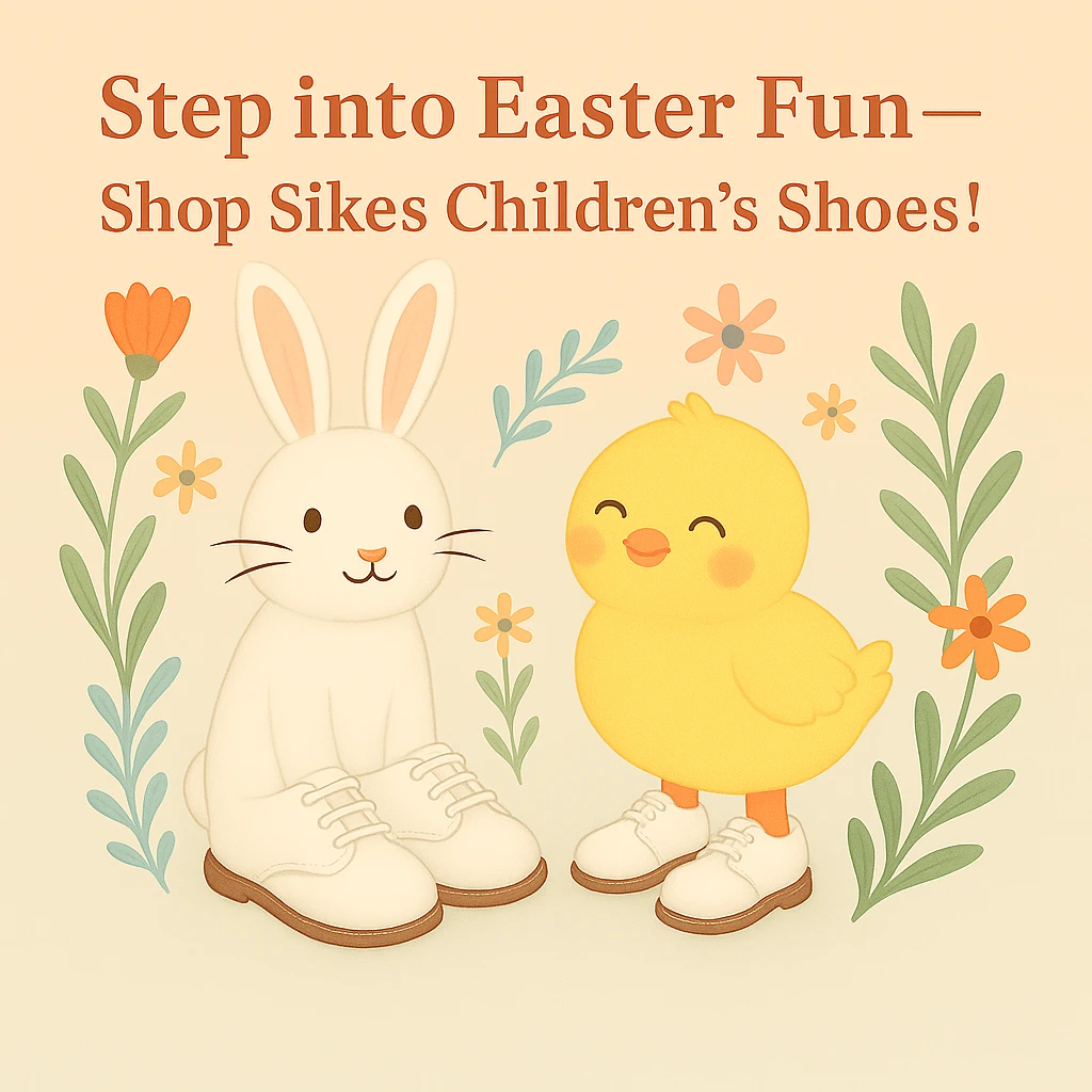 Swap the shoes between the chick and the rabbit in the Easter-themed Instagram post. The chick should now be wearing the classic white lace-up children's shoes, and the rabbit should wear whatever shoes the chick had previously. Keep the pastel background, floral accents, and the headline: 'Step into Easter Fun—Shop Sikes Children’s Shoes!'. No logo present. emoji