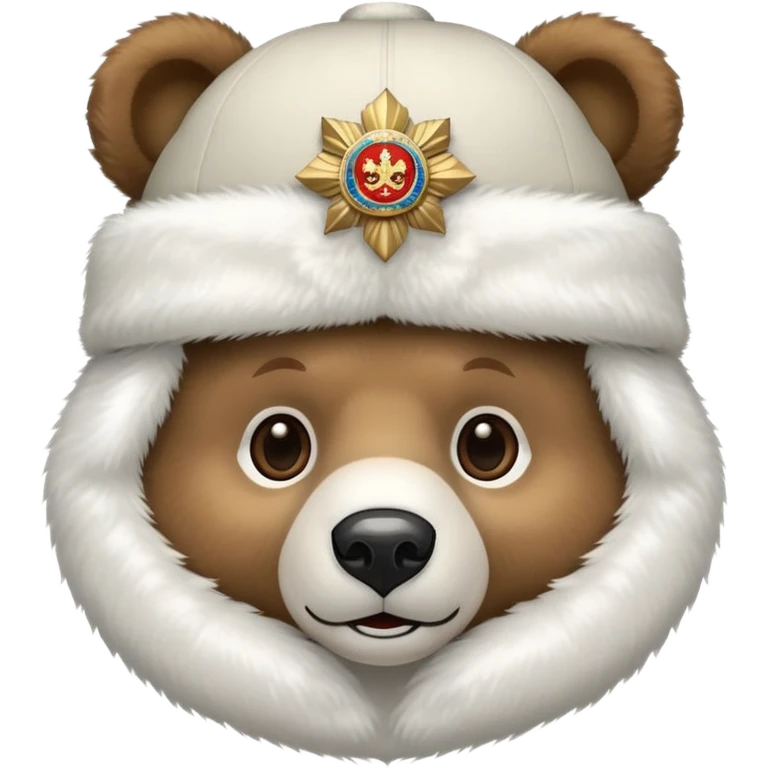 Friendly bear face with white fluffy ushanka hat with prominent Russian emblem in the middle, iOS emoji style emoji