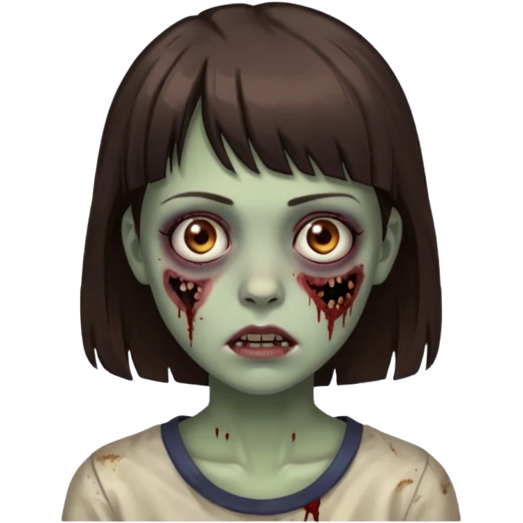 branca, olhos hazel, franjnha, pequenas sardas, cabelo castanho escuro, zoombie emoji