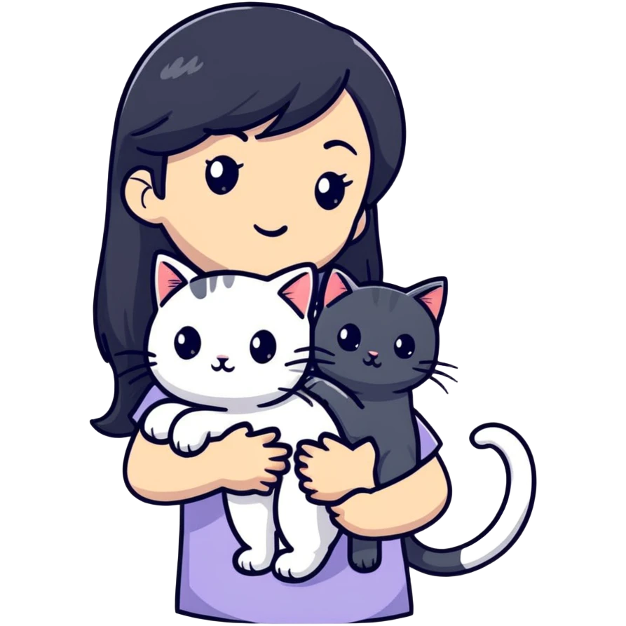 beautiful girl with long black hair holding a hairless cat emoji