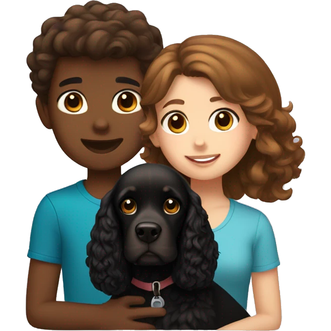 brown-haired girl and brown-haired boy with a black cocker spaniel emoji