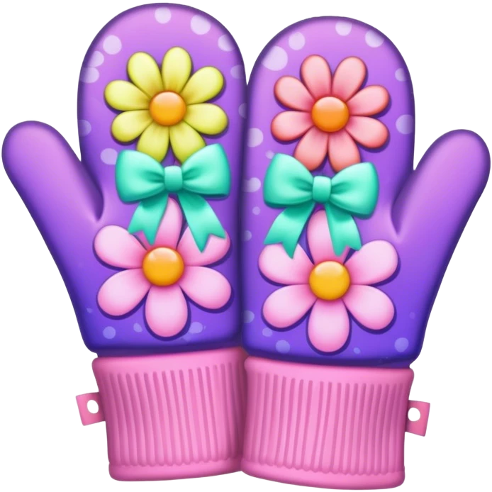 Psychedelic colored hippie style mittens with a flower and pale pink bow emoji