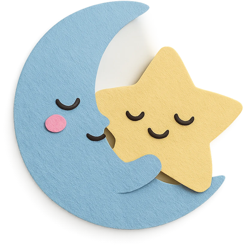 kawaii sleepy blue moon snuggling plush star, soft pastel palette, no arms or legs, full body emoji