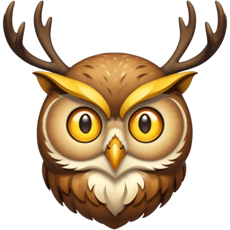 Emoji chouette perchée brun clair, yeux jaunes brillants,bois de cerf imposants sur la tête, sagesse et puissance. Avec majesté emoji