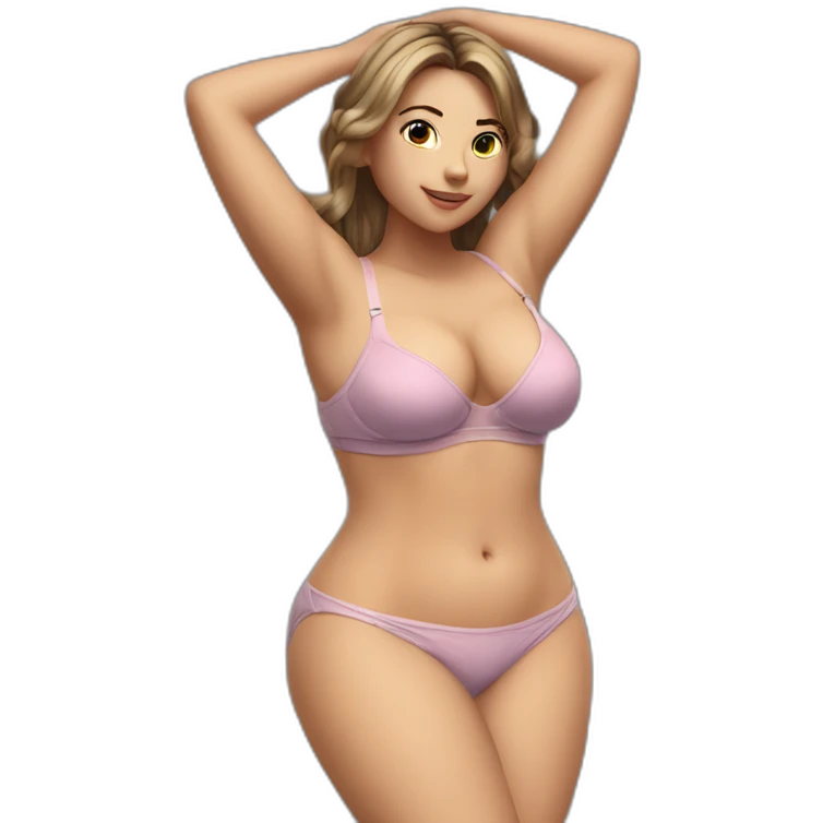 Slim-thicc Caucasian woman small bra panties hands-in-hair pose (beach body) full body emoji