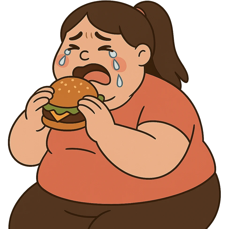 flat toon style fat girl crying and eating a burger emoji