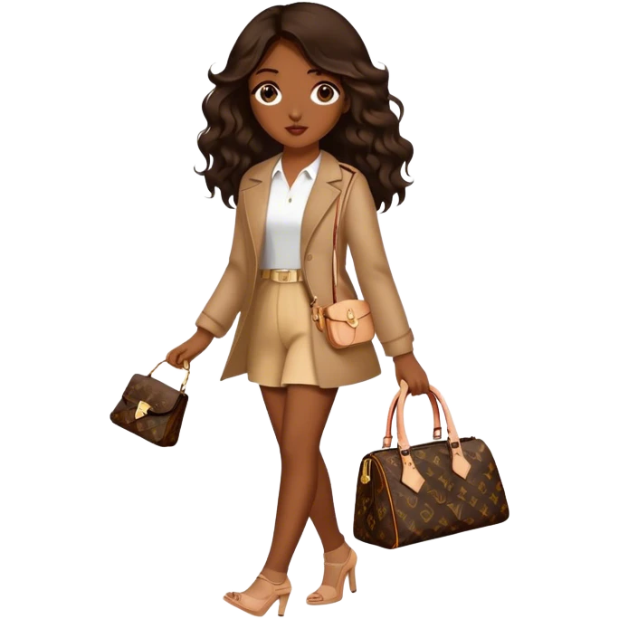  Brown girl with long dark brown medium wavy hair carrying a Louis Vuitton purse on her arm while walking  emoji