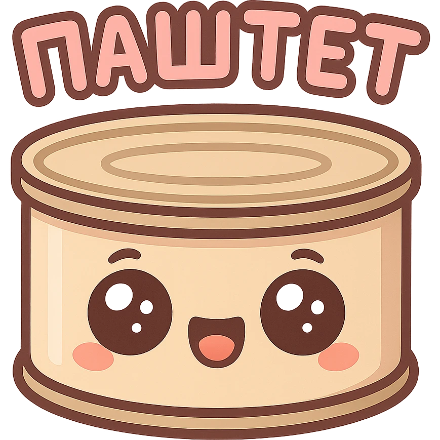 Chibi style cute pâté tin can character, big sparkling eyes, happy smiling face, tiny chubby proportions, kawaii emoji style, thick clean outline, simple shapes, soft pastel colors, flat illustration, transparent or white background, text on top saying "ПАСТЕТ" in bold cute Cyrillic letters, Twitch emote style, readable at small size emoji