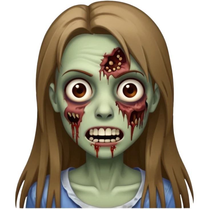 a zombie woman with straight brown long hair, a bruised mouth, and a smile  emoji
