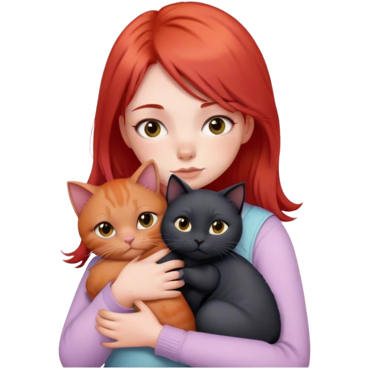 
a girl with red hair in pastel clothes hugs a black British cat emoji