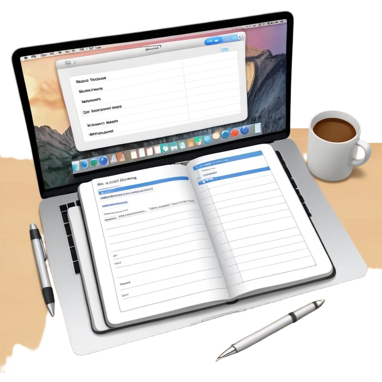 online booking system on MacBook screen next to an old-style paper notebook with a pen, both fully visible, no background, no cut-off edges emoji