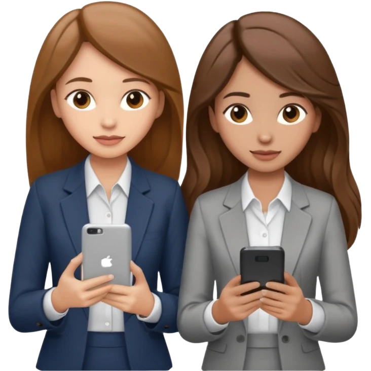 two brown haired girls, looking professional maybe leaned on each others back and looking forward and using phones, with long hair and one girl can hold lap top another one can hold the phone, professional clothes, more stylish emoji