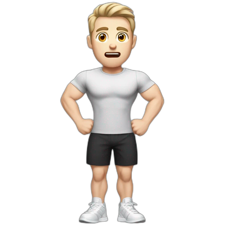 amazed In shock Open with surprise mouth Pale skinned Fit Man With the biceps and dark brown hair in black shirt, gray sports shorts and white Sneakers emoji