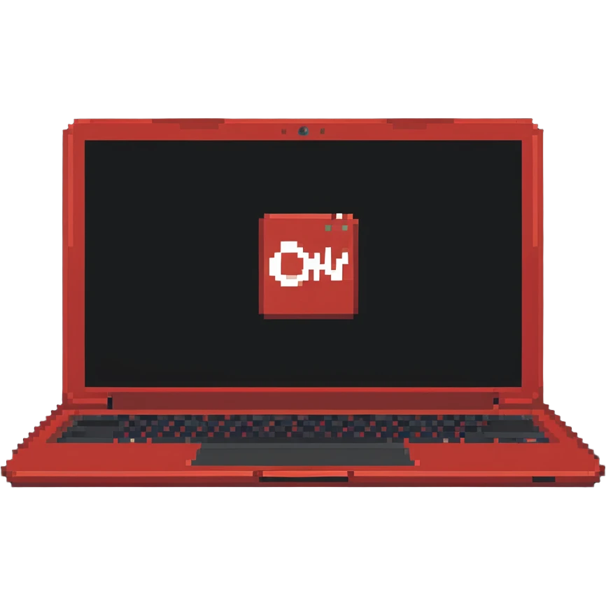 a red laptop having a logo that says cmv on the back of it emoji