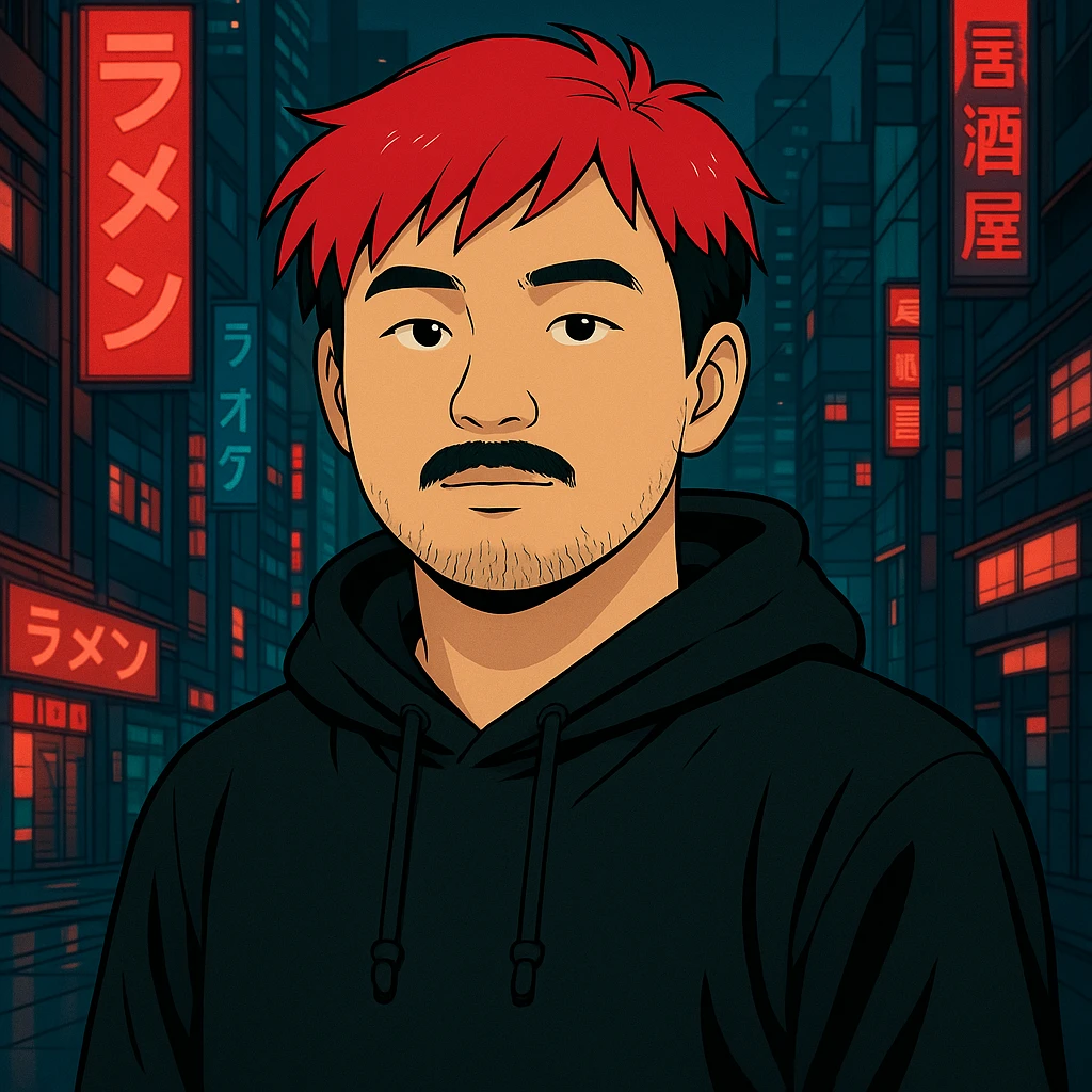 Asian man with a bit round face, less mustache, and a bit of beard, red hair, black hoodie, Japanese cyberpunk anime style, futuristic city background emoji