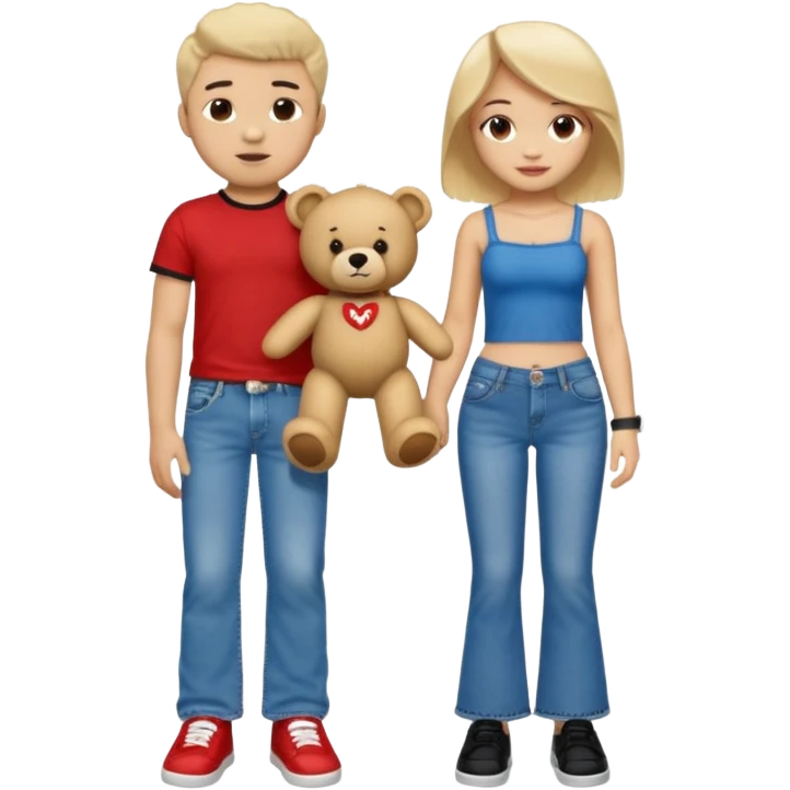 A boy and a girl teddy bear for the boy bear put on true religion shirt and jeans with black shoes and for the girl put flare jeans and a red tube top and white shoes just bears not the humans  emoji