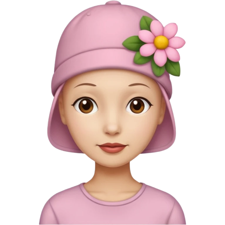 Woman with no hair wearing a cute hat with a flower on it emoji