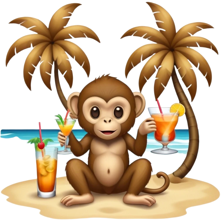 Monkey on the beach with palms and ocean and cocktails  emoji