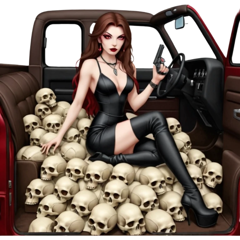 Lilith red eye seductress evil long brown haired sexy succubus woman with leather long seductive dress on, sitting in Big Large F350 pickup truck. Wearing super tall black platform high heels, Back seat full of stacks of cash, she is  Holding a human skull of her enemies and a gun in other hand emoji