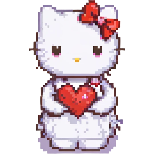 Hello Kitty holding a heart, white cat, red bow, small heart emoji