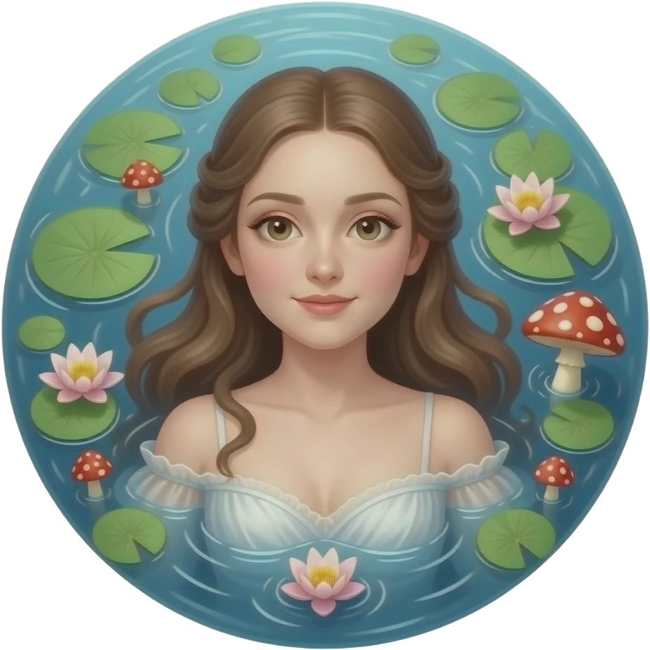 ethereal Ophelia lies in the water wrapped in toadstool and water lily - a scene from the original painting by John Everett Miles emoji