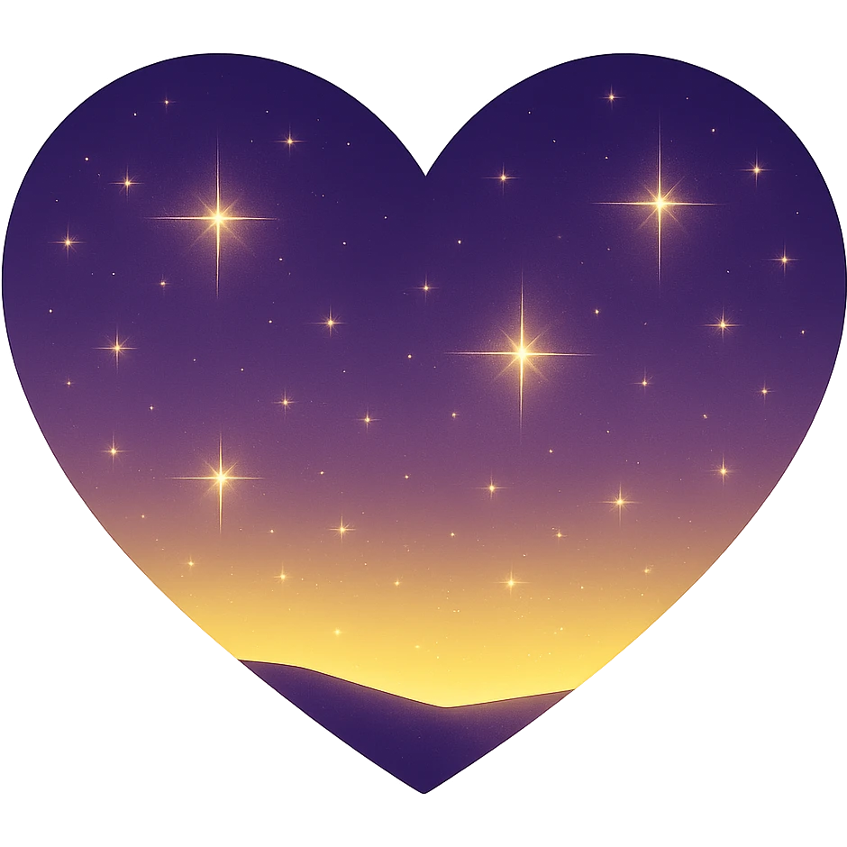Modify the heart with a night sky gradient to a yellow night theme with a purple gradient, more stars, and a soft glow. Remove the background entirely  emoji