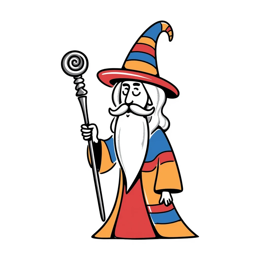 Hand-drawn wizard with beard and Armenian flag colors (red, blue, orange) on robe and hat emoji