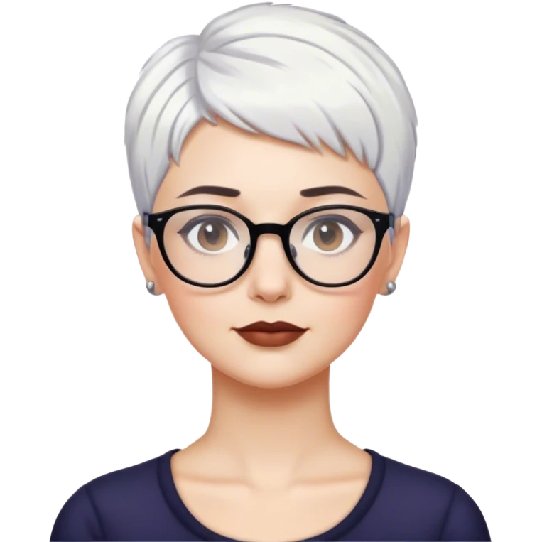 White woman with short pixie cropped white hair glasses, dark brows emoji