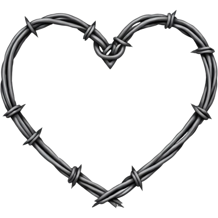 Minimal black line art heart made from barbed wire, hand-drawn sketch look, uneven ink strokes, 6–7 barbs with twisted knots, simple clean outline, centered on plain white background, high contrast emoji