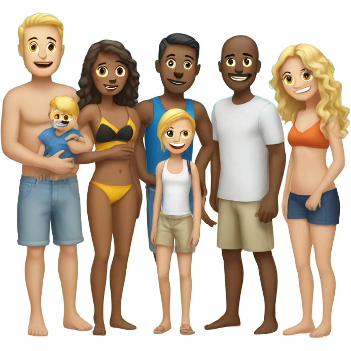 white family with 11 people at beach 4 men 3 women 4 kids emoji