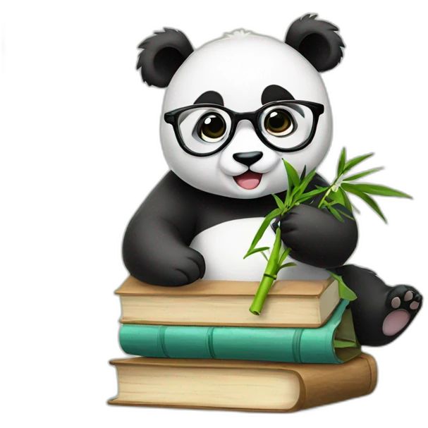 cute panda eating bamboo wearing glasses sitting on books emoji