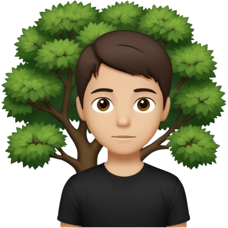 boy with straight short brunette hair brown eyes black tshirt on and tree behind emoji