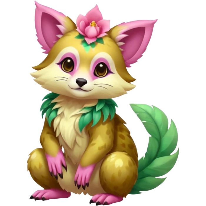 Colorful brown with rose-pink, yellow-beige-cream, jade-green tropical exotic shiny beautiful fantasy-Vernid-Cacomistle-animal-Fakémon-hybrid-fursona (full body) emoji