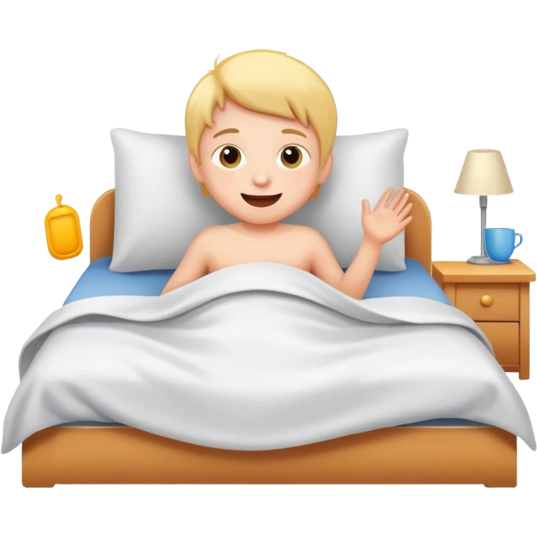 child happily getting out of bed in the morning, bright and friendly emoji