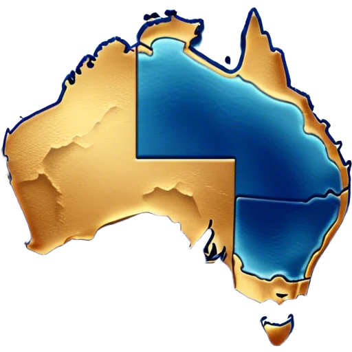 Cinematic-realistic outline of Australia, featuring its distinct landmass with accurately defined coastlines. The deep blue ocean surrounds the golden-brown continent, with subtle topographic shading to highlight its terrain. A soft glowing effect enhances the edges, making the shape stand out against a neutral, textured background. emoji