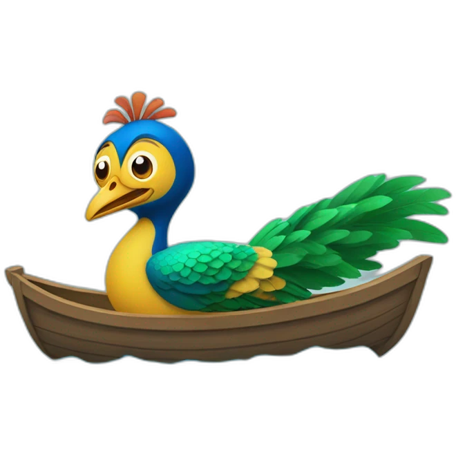 pecock riding in a boat with the funny face emoji