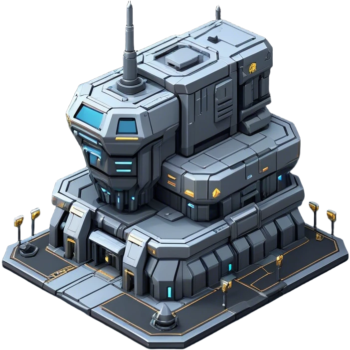 StarCraft-inspired, isometric RTS building with a rugged Terran look: thick metal plating, rivets, subtle wear, and a gunmetal palette plus one accent color. Add minimal glowing panels for a high-tech feel. Keep it compact—like a forward outpost—and show it from a clean isometric angle, emphasizing an industrial sci-fi style and clear silhouette. emoji