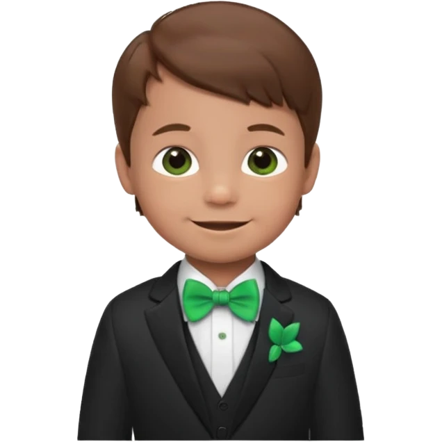 baby cute boy, brown hair in suit, with green bow, smile emoji