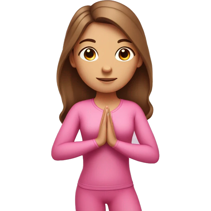 A girl with brown long hair and fair skin stands in a yoga pose in a pink suit emoji