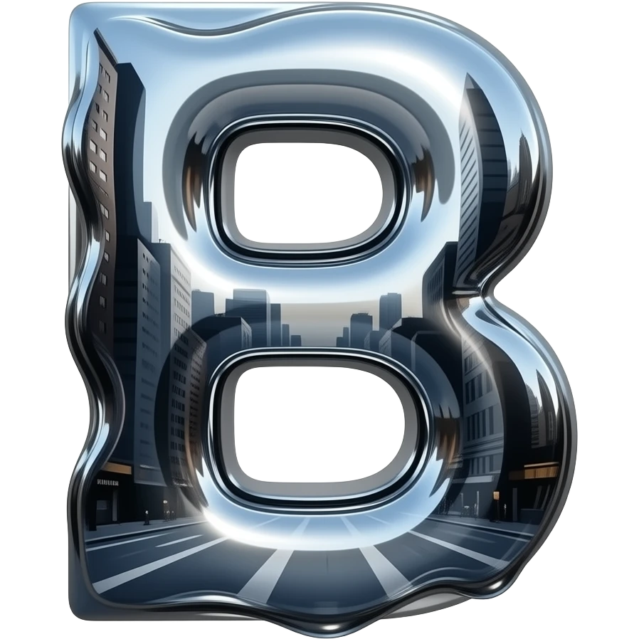 A hyper-realistic letter 'B' made of flowing, high-polish liquid chrome. Distorted reflections of a dark urban cityscape, sharp contrast, 8k resolution, 'Terminator' style aesthetic, clean and aggressive emoji