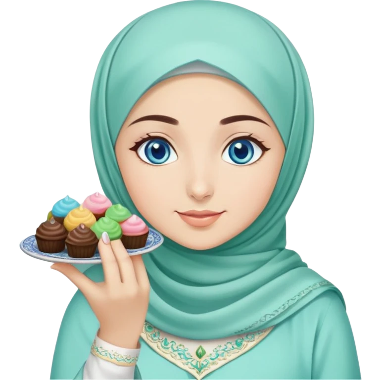 Turkish beautiful finish Konya girl blue eyes with mint hijab islamic dress and had on her hand text Eid Mubarak with sweets and celebrating with her friends eid days   emoji