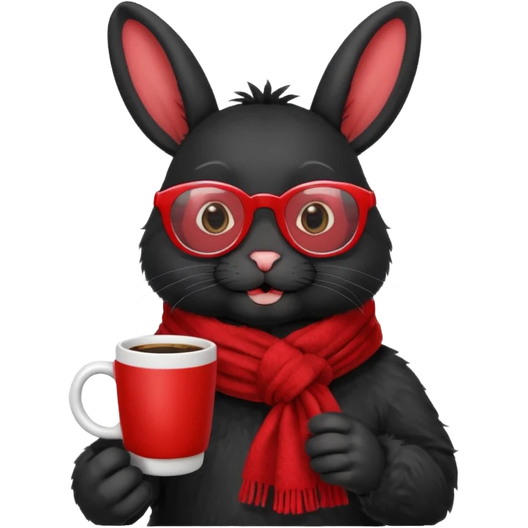 Black rabbit, wearing red glasses, red scarf, holding coffee mug
 emoji