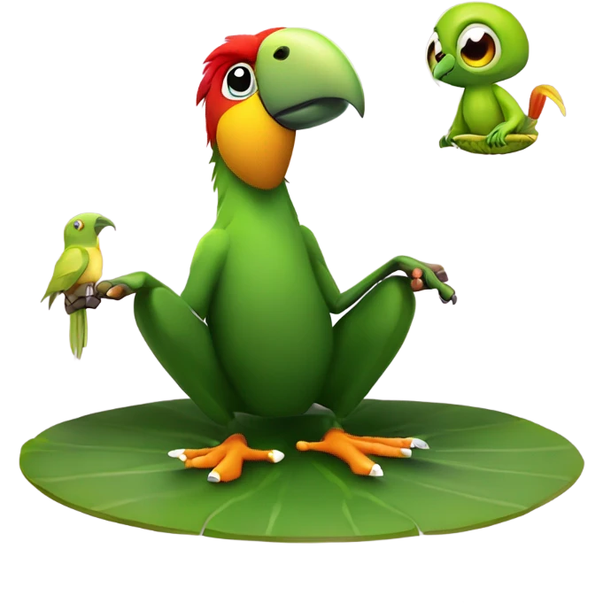Kung fu parrot sitting on a lily pad with num chucks next to it  emoji