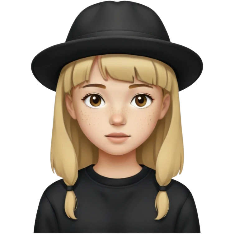 Girl with smallbangs and dirty blonde hair wearing a black hat and black sweatshirt with freckles emoji