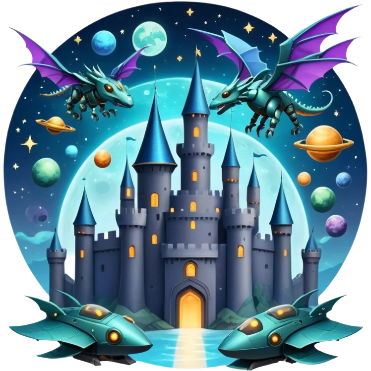 Icon for Fantasy and Sci-Fi Movies: A magical collage with flying dragons. futuristic spaceships and UFOs. Stars and planets shimmer in the background with a mystical castle Hogvards an ancient wizard and robots. The atmosphere is epic, otherworldly and adventurous. Transparent background. emoji